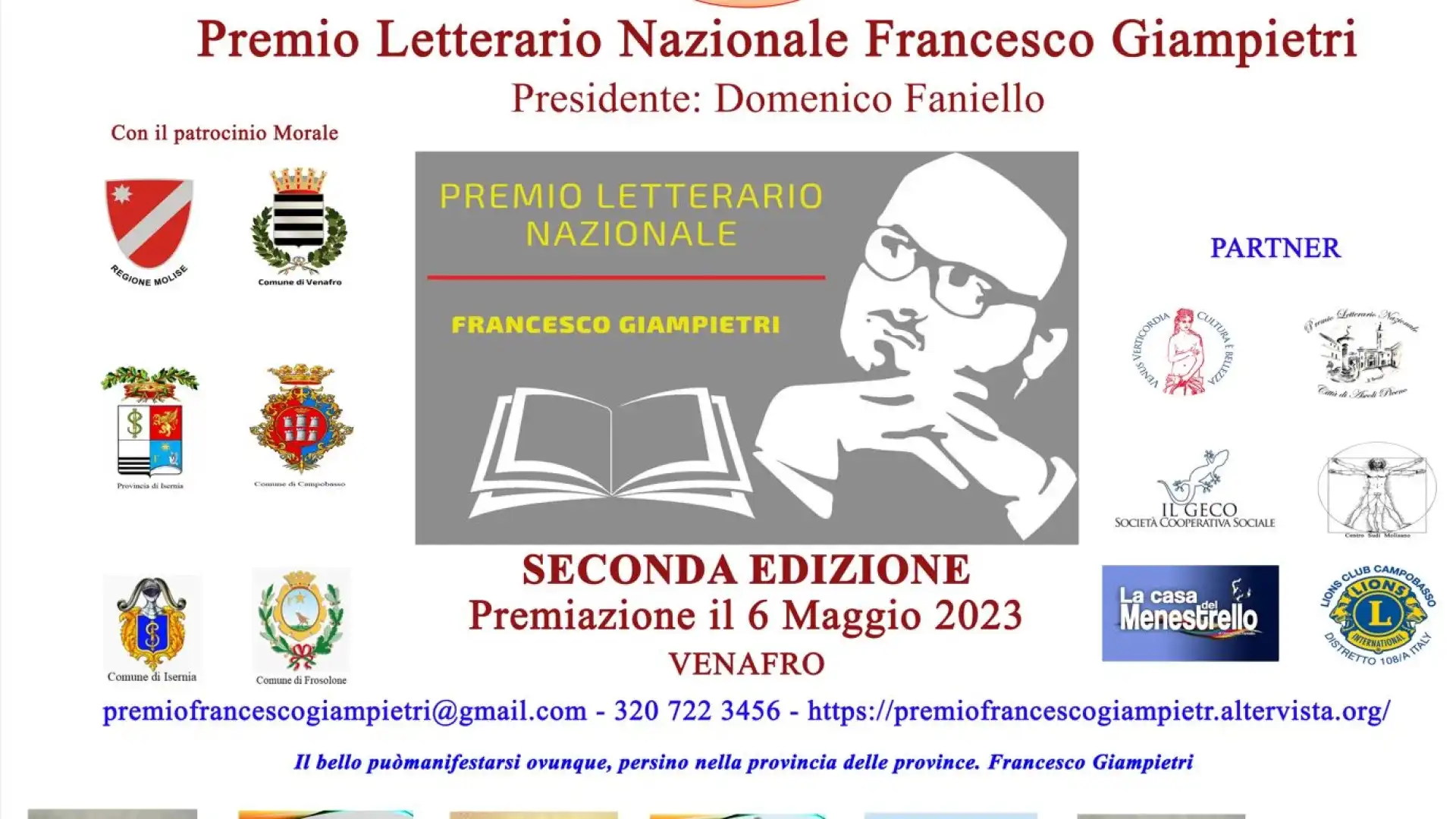 Venafro: sabato 6 maggio nella Palazzina Liberty la premiazione dei vincitori della seconda edizione del premio letterario nazionale Francesco Giampietri.